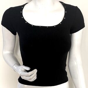 Vintage 90s One Clothing Black Square Neck Short Sleeve T-shirt Rhinestone Trim